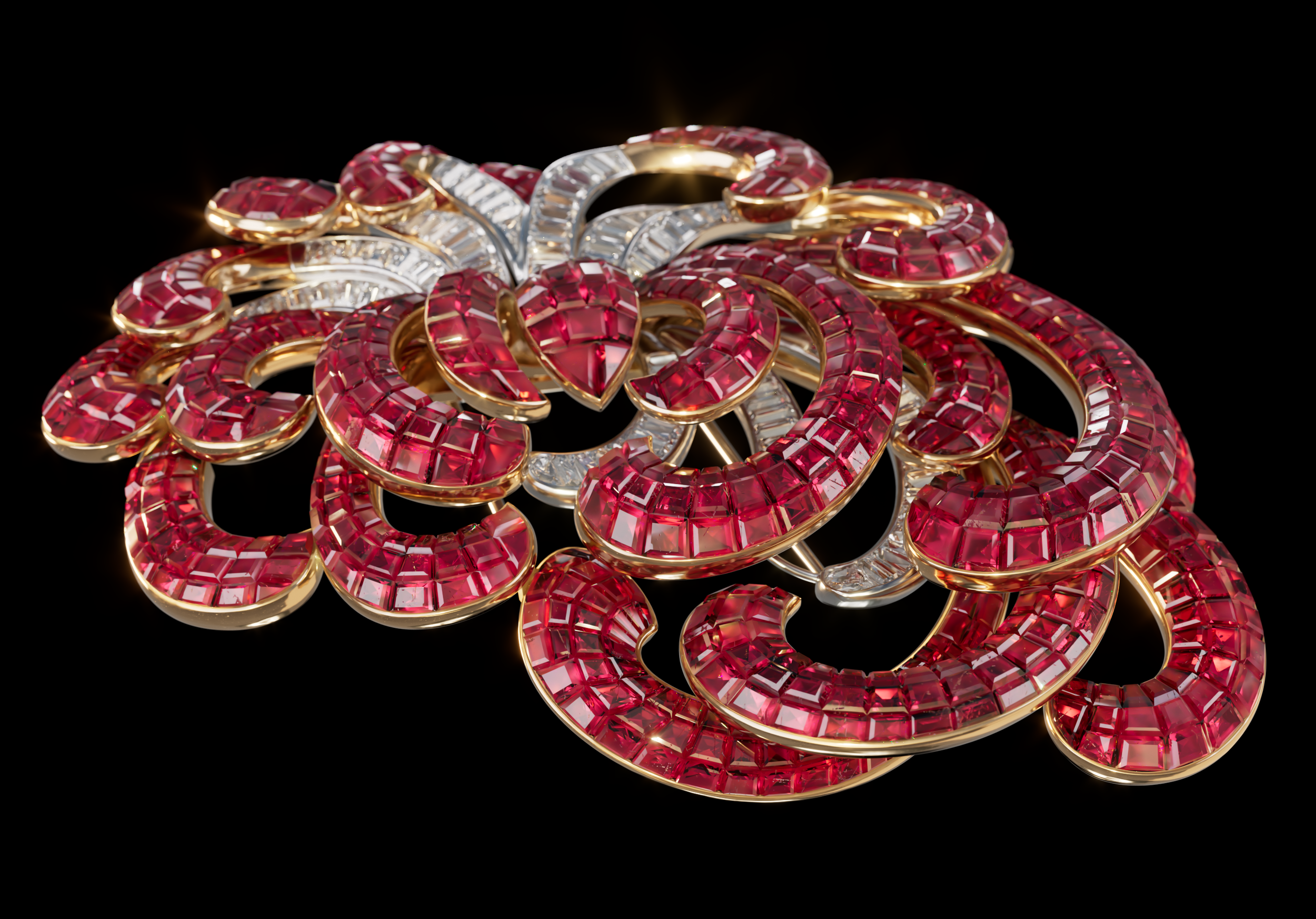A Van Cleef & Arpels ancient gold and platinum brooch with rubies and diamond gemstones forming floral and leaf shapes on a black background.