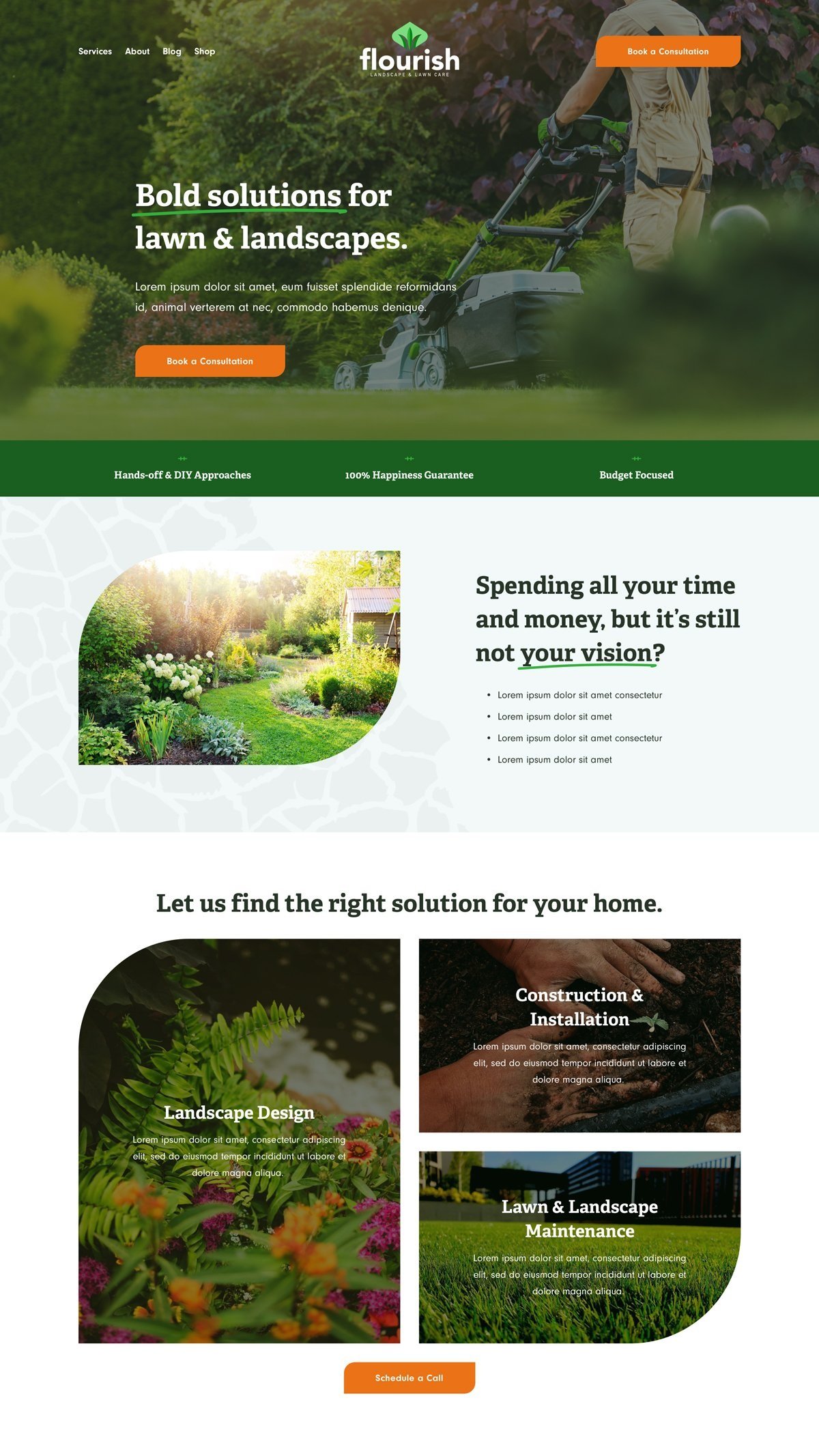 The Flourish homepage features bright colors and leaf-shaped images designed intentionally for landscapers & lawn care providers.