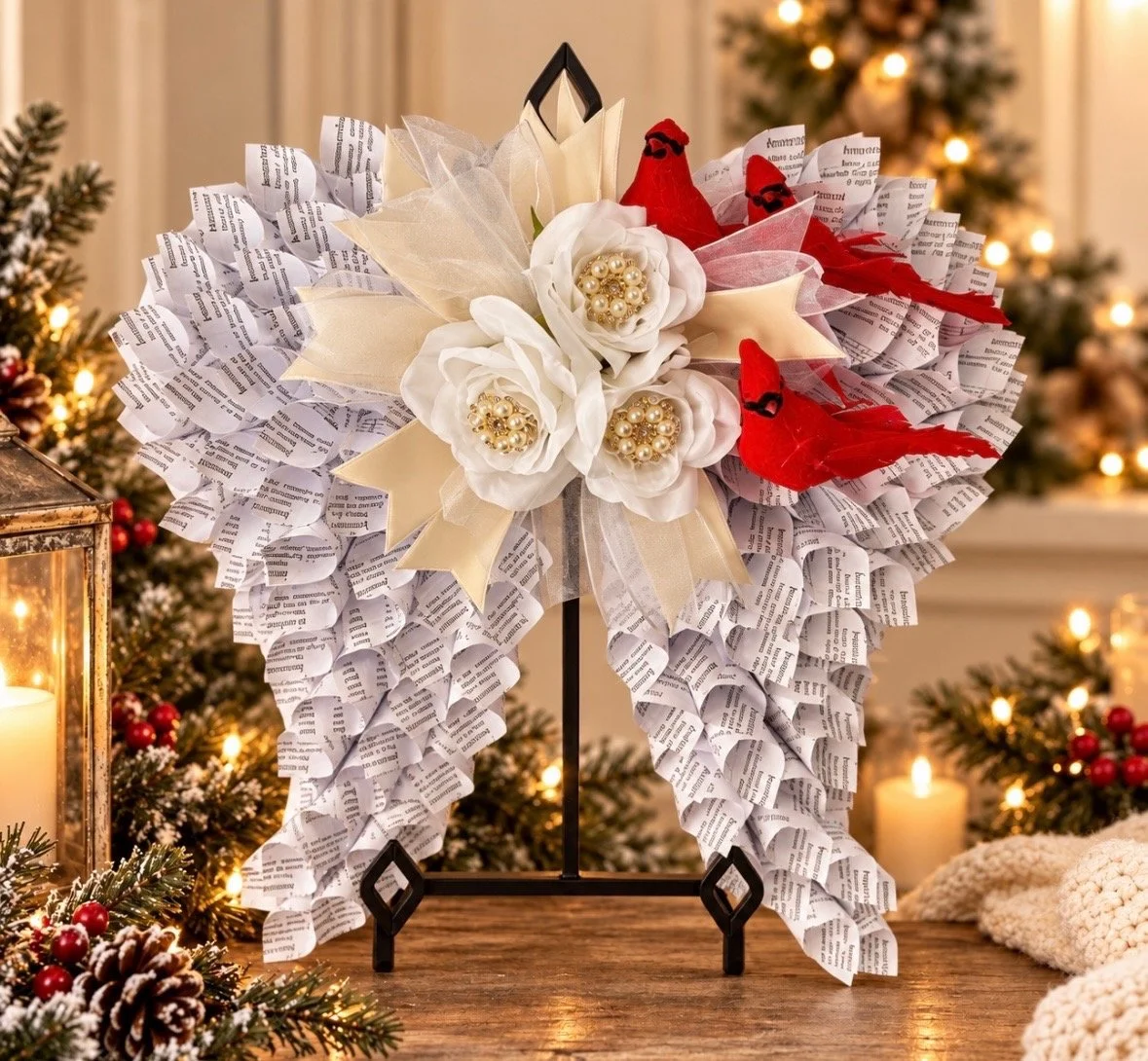 Angel Wings (12" x12") with three cardinals and embellished flowers