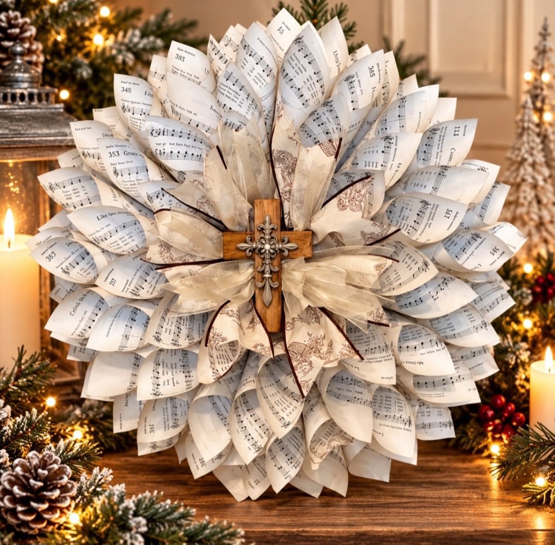 Round hymnal page wreath measuring (24“ x 24“)  with Cross