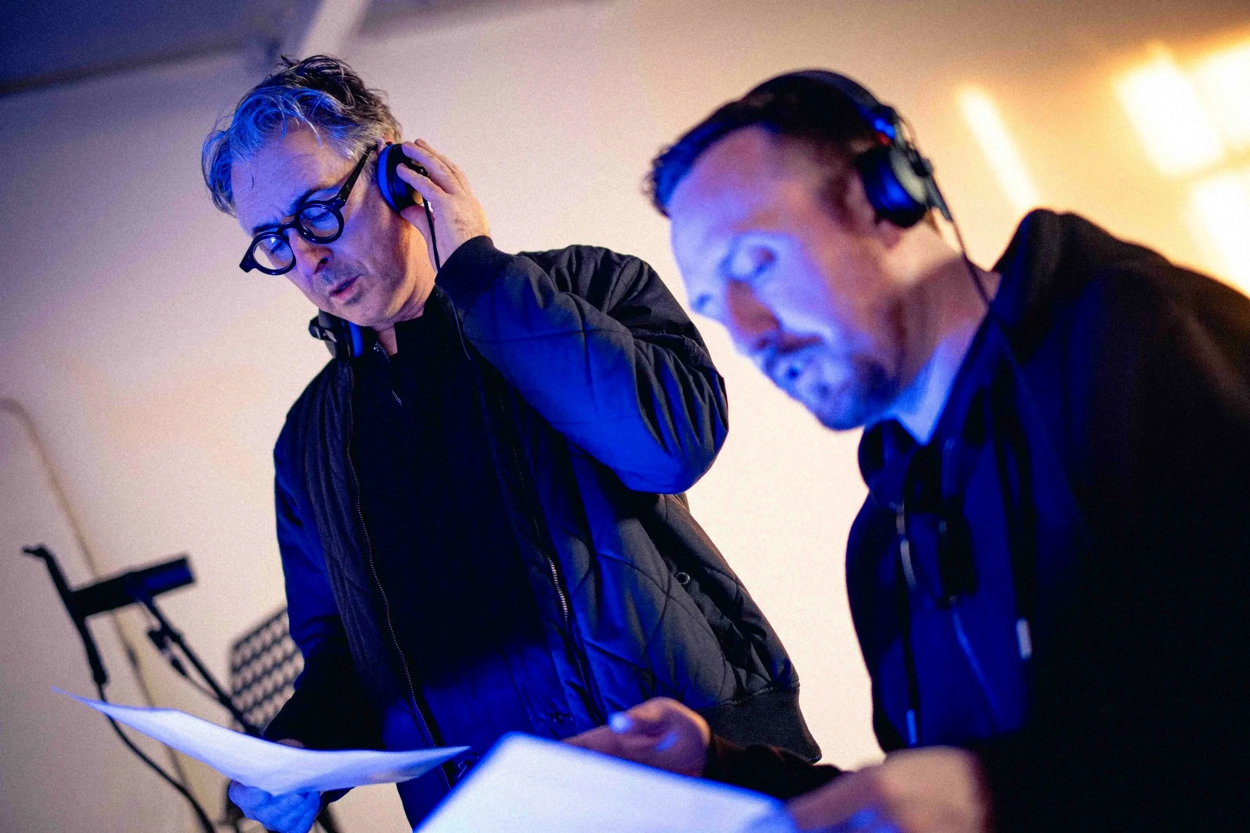 Griogair and Alan Cumming in the recording studio working on 2014, photographed by Sandy Butler, 2026.
