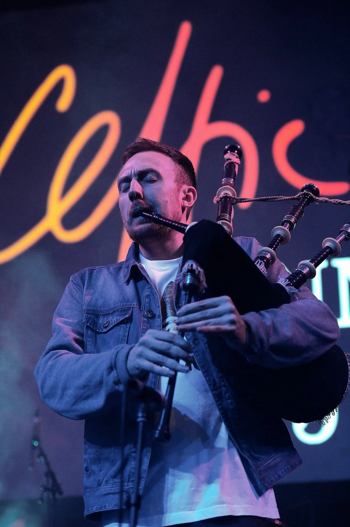 Griogair performing on bagpipes at Celtic Connections, 2014.