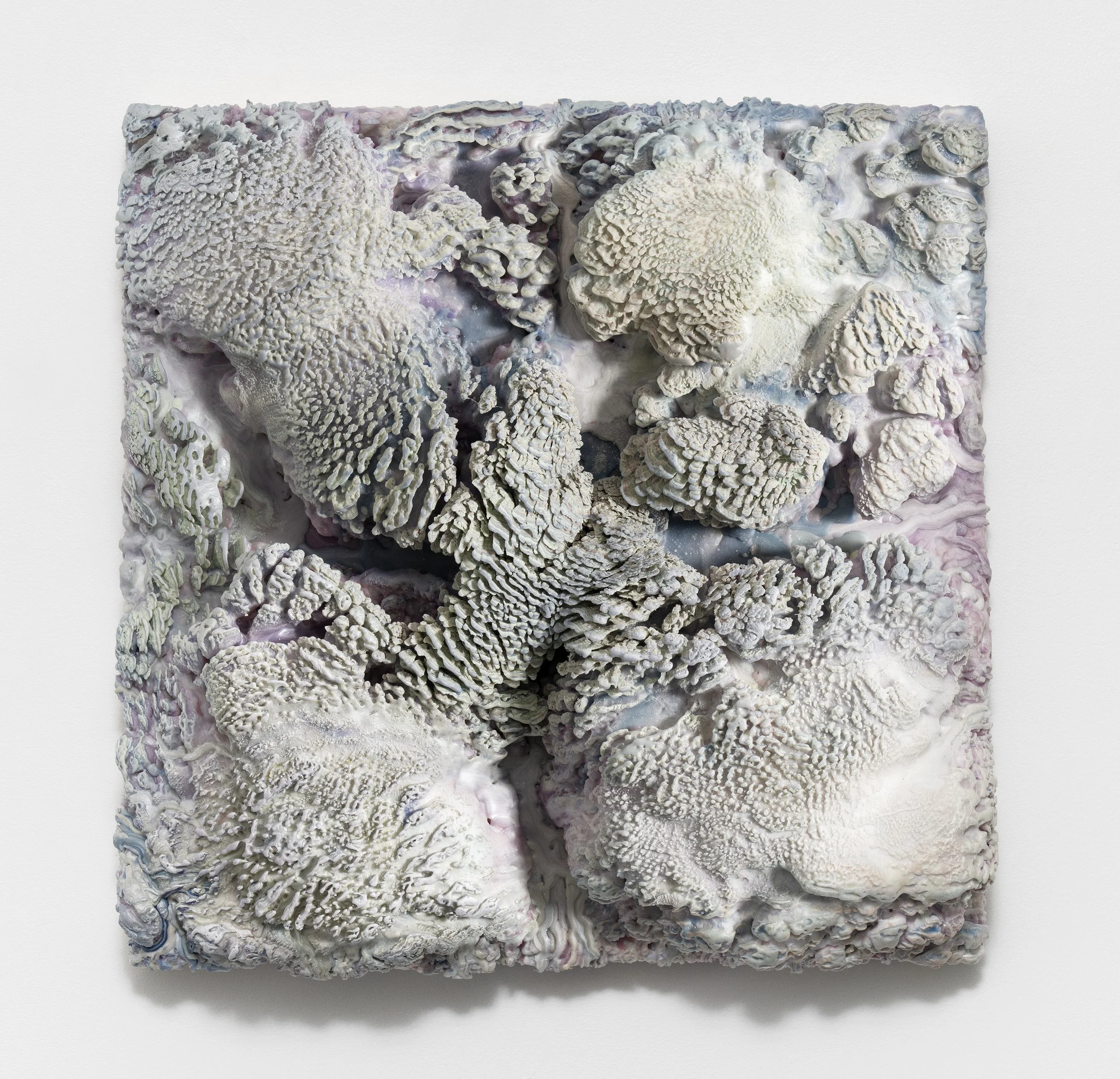Strata #12  - 2025   
Natural wax, resin, polyurethane foam, chicken wire on wood   
24 x 24 x 7 inches | 61 x 61 x 18 cm