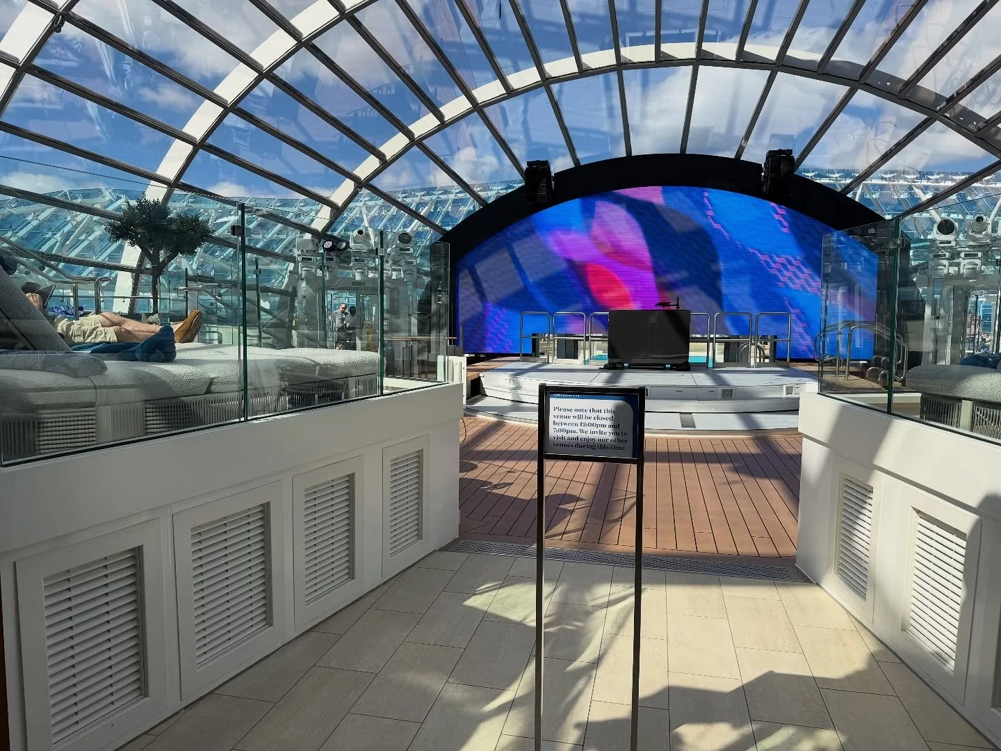 Update from today on the Star Princess:
Following yesterday&rsquo;s conversation with Guest Services &mdash; where we were assured all venues would be operating normally &mdash; two venues are closed again today. The Dome is closed from 12&ndash;7, a