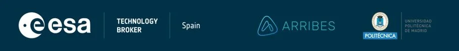 Logos de ESA, Technology Broker, Arribes, y Universidad Politécnica de Madrid en una banda azul con fondo blanco. - SPARK FUNDING
