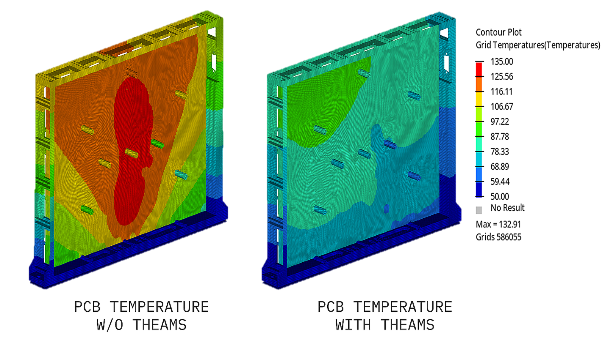 Display of two temperature graphs for a printed circuit board (PCB). The graph on the left shows the temperature with areas in red and orange indicating high temperatures. The graph on the right shows the same PCB  with THEAMS