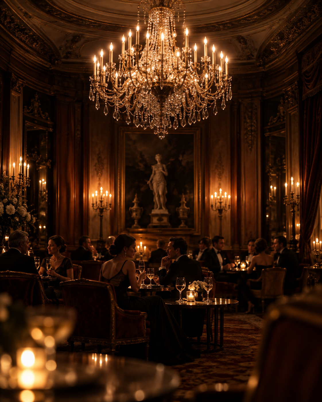 An elegant dining room with a large crystal chandelier, ornate wood paneling, and a classical statue in the background. People are dressed formally, sitting at tables with glasses of champagne and floral centerpieces, enjoying a romantic or upscale dinner.