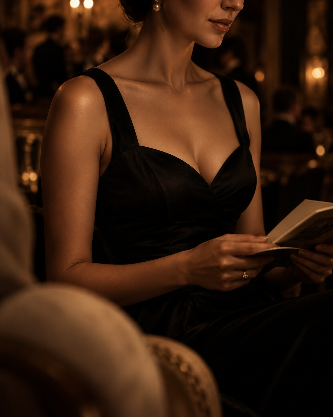 A woman wearing a black dress with angel wing-shaped straps, holding a book in a dimly lit, elegant setting.