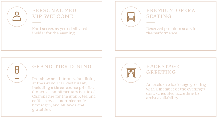 Event details outlining VIP, premium seating, dinner, backstage greeting, and more.