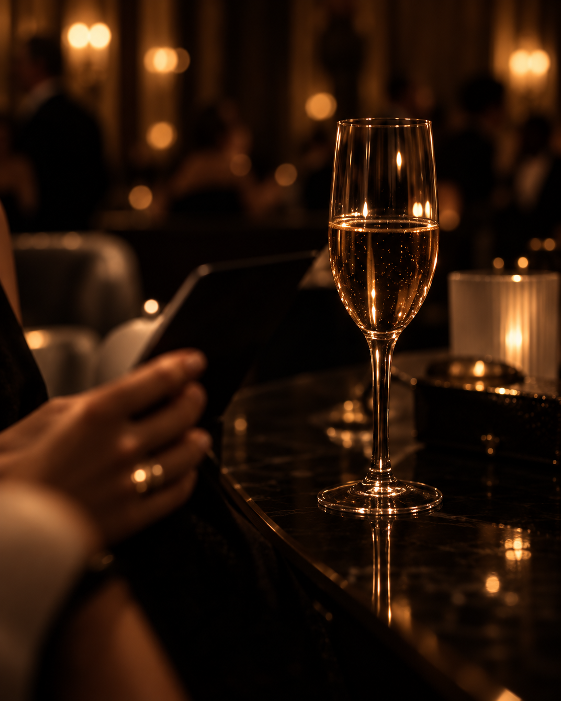 A glass of champagne on a dark, elegant bar or restaurant counter, with blurred warm lighting and people in the background.