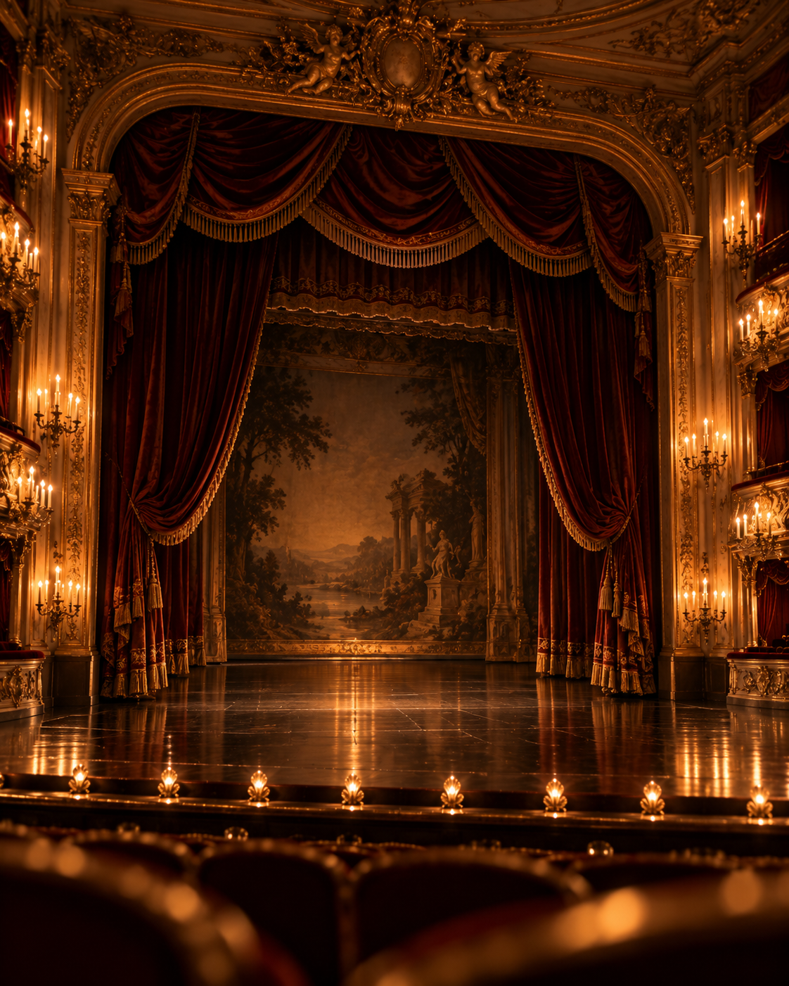 An ornate theater stage with red velvet curtains, gold embellishments, and a painted backdrop of a landscape with trees, ruins, and a river, illuminated by warm lighting.