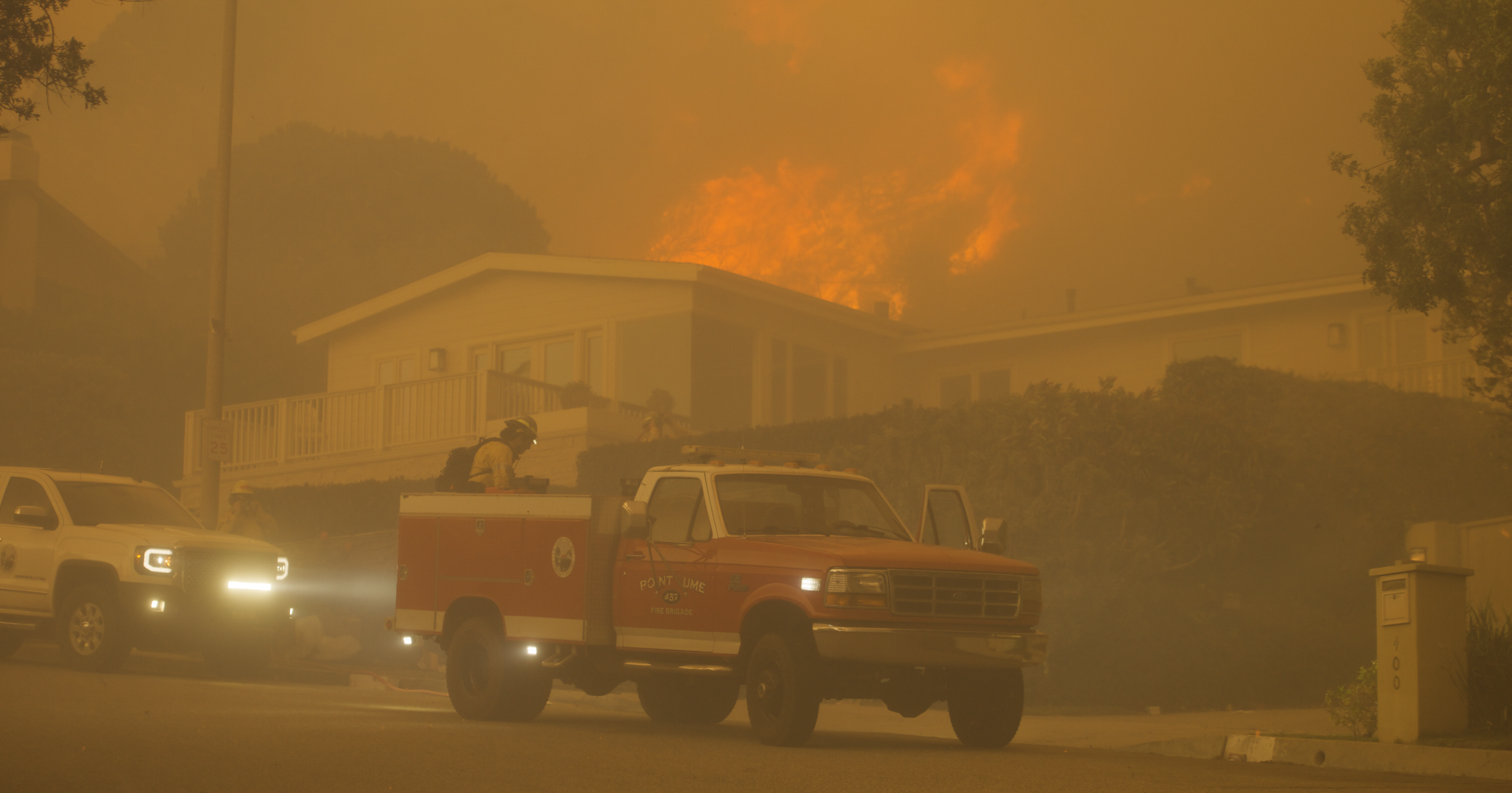 A community brigade refurbished Type 6 truck from Point Dume, Malibu. Evacuations were the number one priority for the brigade on the night of the fire. 

 Photo Credit: Connor Nelsen