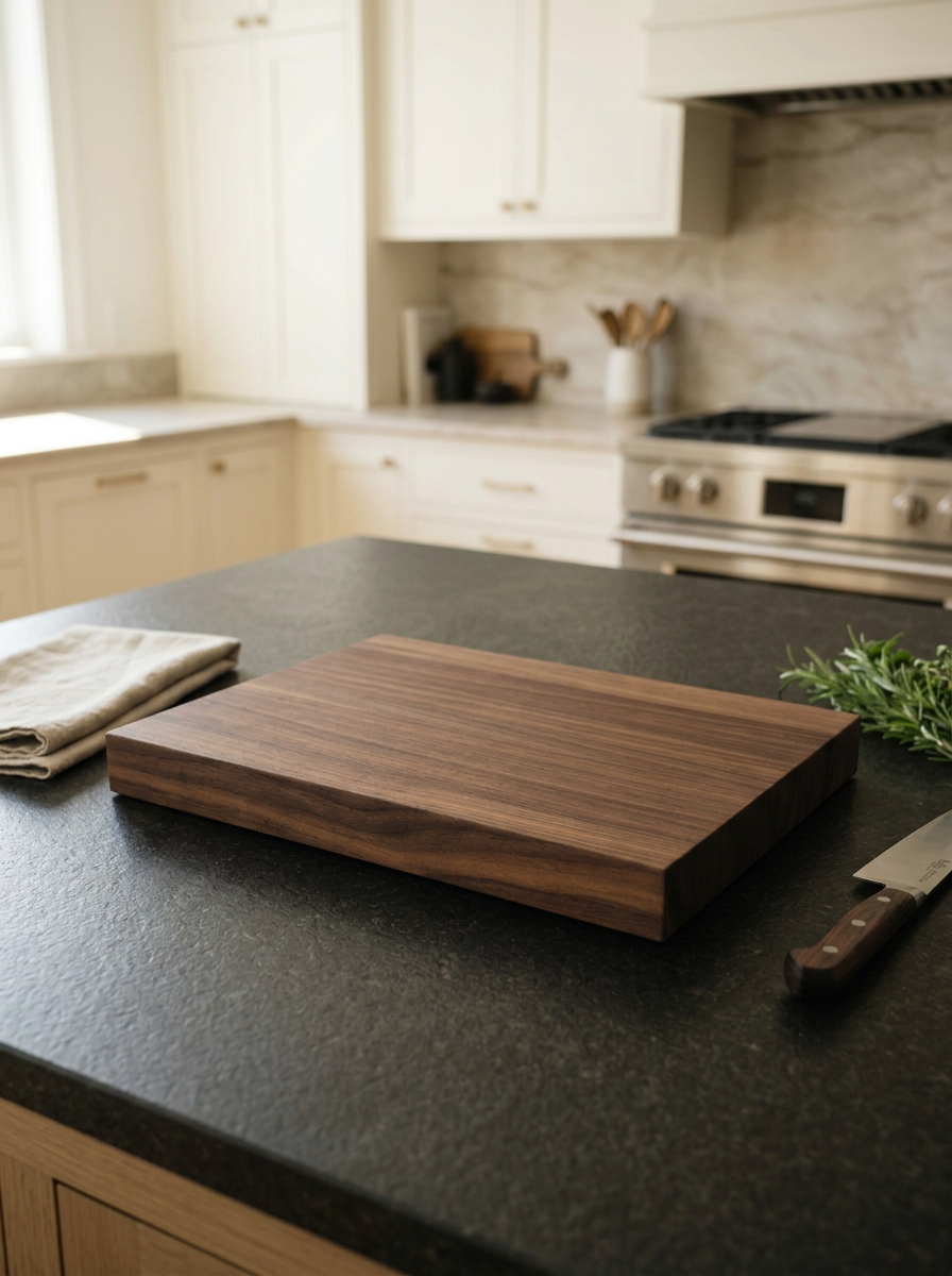 Black walnut edge grain cutting board on leather granite countertop in a high end luxury ktichen.
