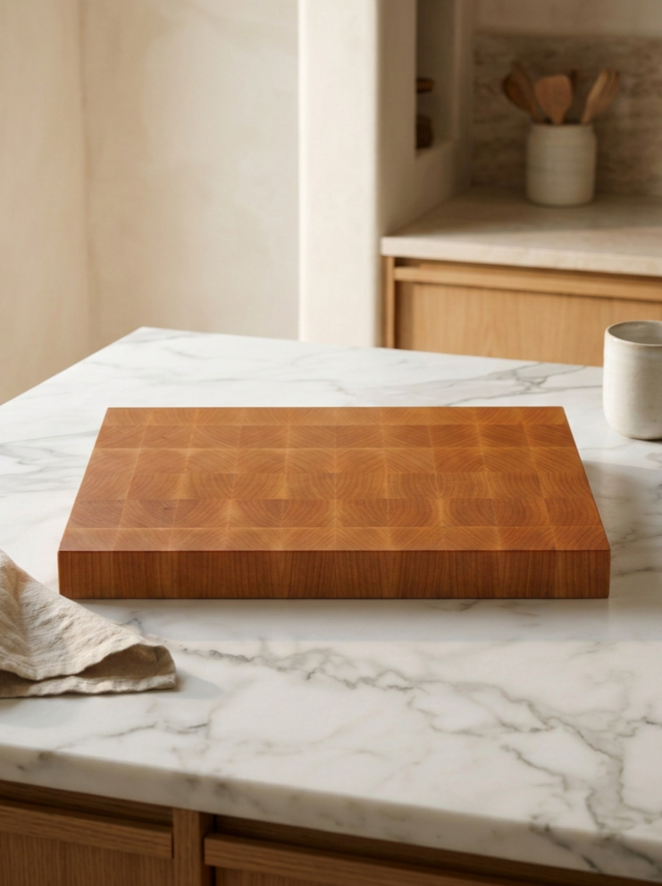 Maple end grain cutting board on marble countertop in naturally beautiful kitchen.