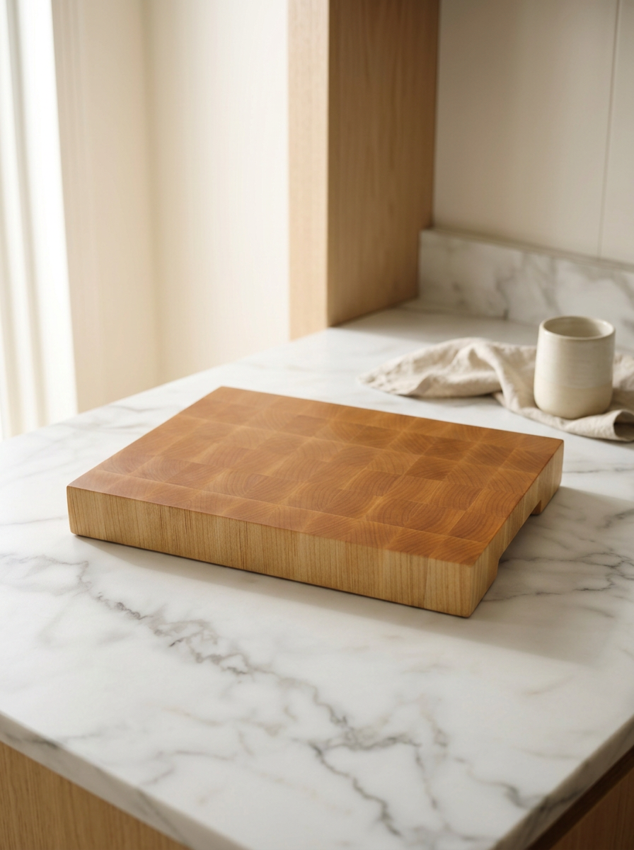Maple end grain cutting board on marble countertop in a luxury ktichen.
