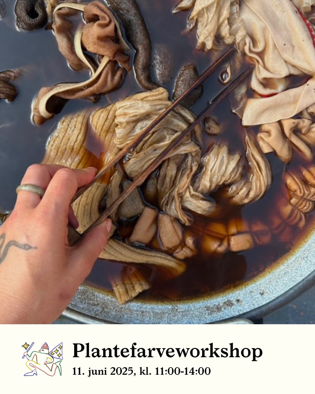 Plantefarveworkshop, hvor vi farver tekstiler med valn&oslash;d. Giv dit misfarvede t&oslash;j lidt l&aelig;ngere levetid, n&aring;r Olga vejleder dig med valn&oslash;dder, gasblus og hygge ude foran Bette Caf&eacute;.⁠
⁠
Book billetter online p&arin