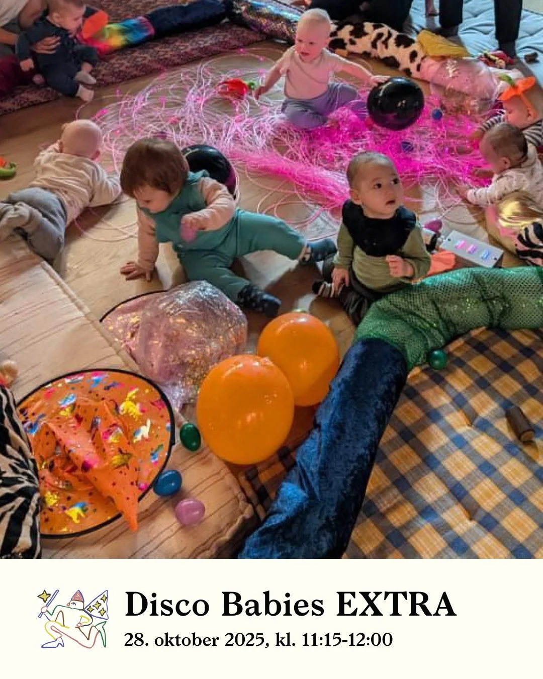 Our original class is SOLD OUT — so we’ve added an extra Halloween session! 🕸️🪩
Join Disco Babies Copenhagen — a multi-sensory class taught in English for babies (4–12 mdr) & their grown-ups. Expect singing, dancing,