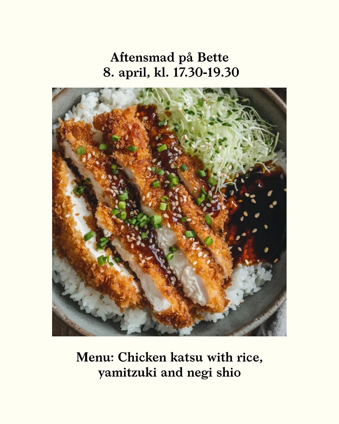 BETTES AFTENSMAD 08/04: Japan-inspireret Chicken Katsu med yamitzuki (k&aring;lsalat) og negi shio (pickled for&aring;rsl&oslash;g). Serveres med ris.⁠
⁠
Derudover har vi som altid vores b&oslash;rnemenu og babymos, samt &oslash;l/vin/most. ⁠
⁠
K&osl