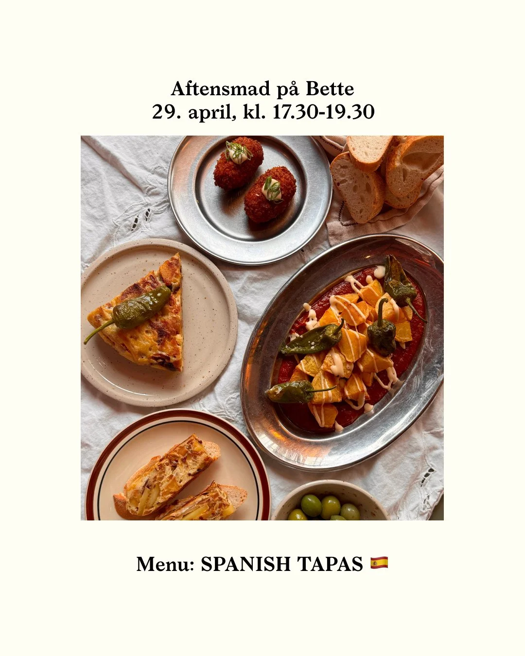 BETTES AFTENSMAD 29/04: Spanish tapas 🇪🇸💃⁠
⁠
Derudover har vi som altid vores b&oslash;rnemenu og babymos, samt &oslash;l/vin/most. ⁠
⁠
K&oslash;b jeres billetter online p&aring; bette.cafe, eller drop-in p&aring; dagen. ⁠
⁠
Bette st&aring;r for m