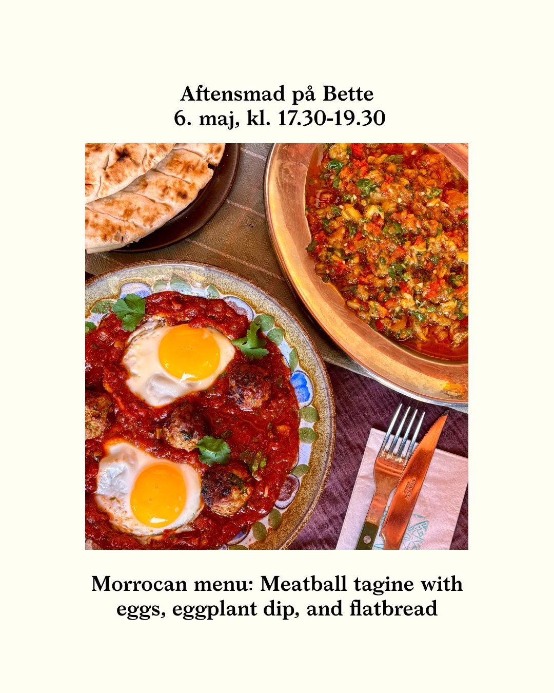 BETTES AFTENSMAD 6. maj: Marrokansk middag 🇲🇦⁠
⁠
Derudover har vi som altid vores b&oslash;rnemenu og babymos, samt &oslash;l/vin/most. ⁠
⁠
K&oslash;b jeres billetter online p&aring; bette.cafe, eller drop-in p&aring; dagen. ⁠
⁠
Bette st&aring;r fo
