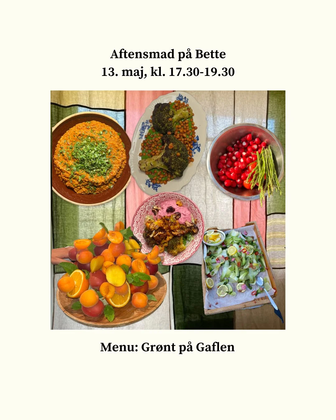 AFTENSMAD MED DET D&Aring;RLIGE K&Oslash;KKEN: ⁠
Vi skal have mad lavet af overskudsvarer. S&aring; det bliver legende, farverige og smagfulde gr&oslash;ntsagsbaserede retter, s&aring;som pink hummus, auberginer med tahin dressing, linser med bagte g