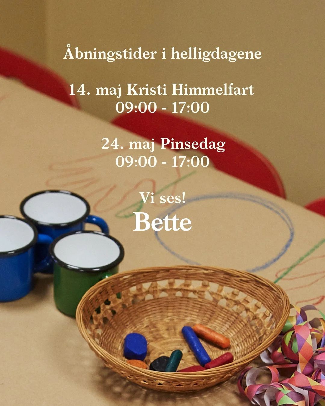 Helligdage hos Bette 🌿⁠
⁠
Vi holder &aring;bent b&aring;de Kristi Himmelfart og Pinsedag fra kl. 09.00&ndash;17.00 ☀️⁠
S&aring; der er god tid til kaffe, leg og hyggelige pauser for b&aring;de store og sm&aring; 💛⁠
⁠
Vi gl&aelig;der os til at se je