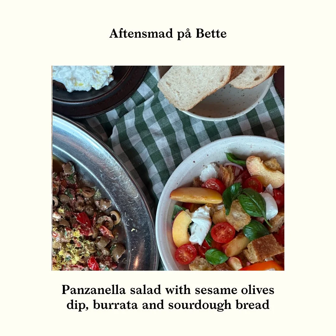 Bettes Aftensmad: Panzanella salad with sesame olives dip, burrata and sourdough bread