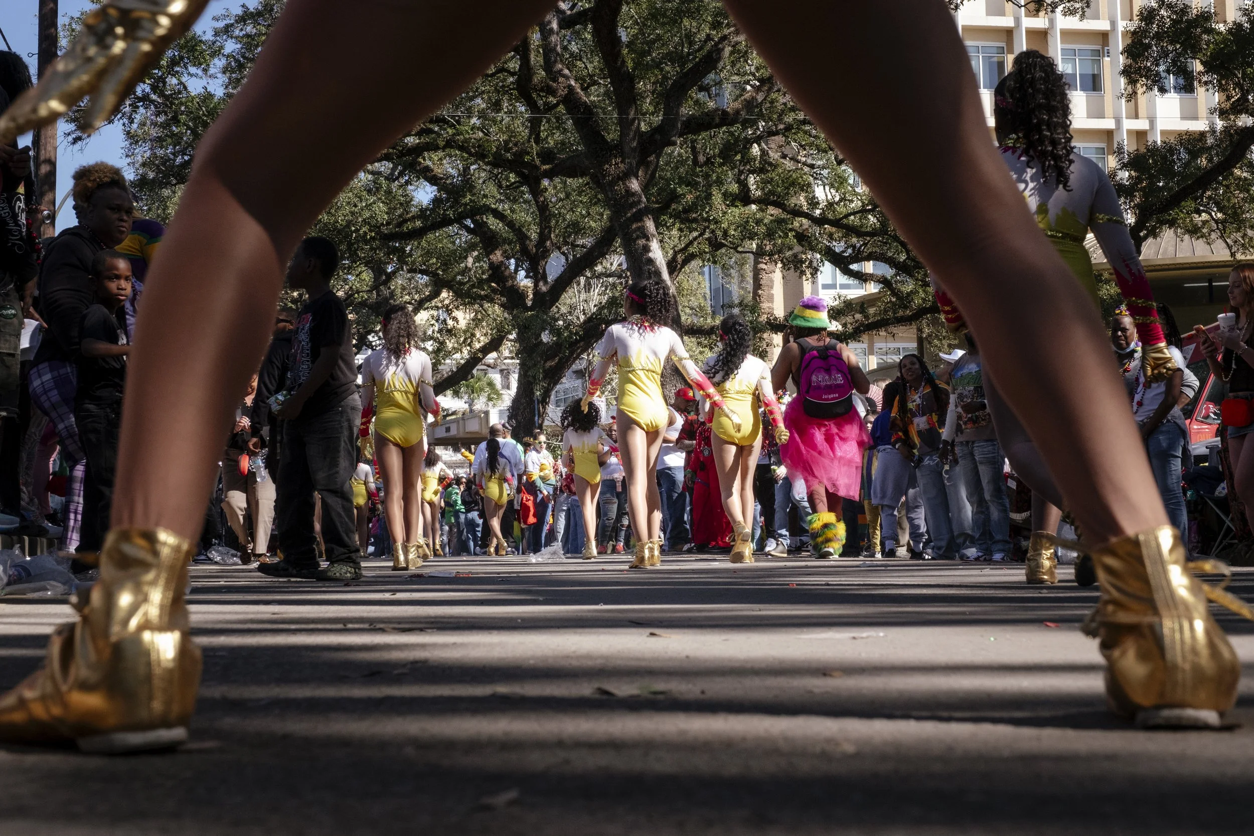 Members of the N.O.E Satin Dolls majorette dance group begin their performance in the Mardi Gras Mystic Krewe of Femme Fatale parade in New Orleans, Louisiana, on February 8, 2026.  