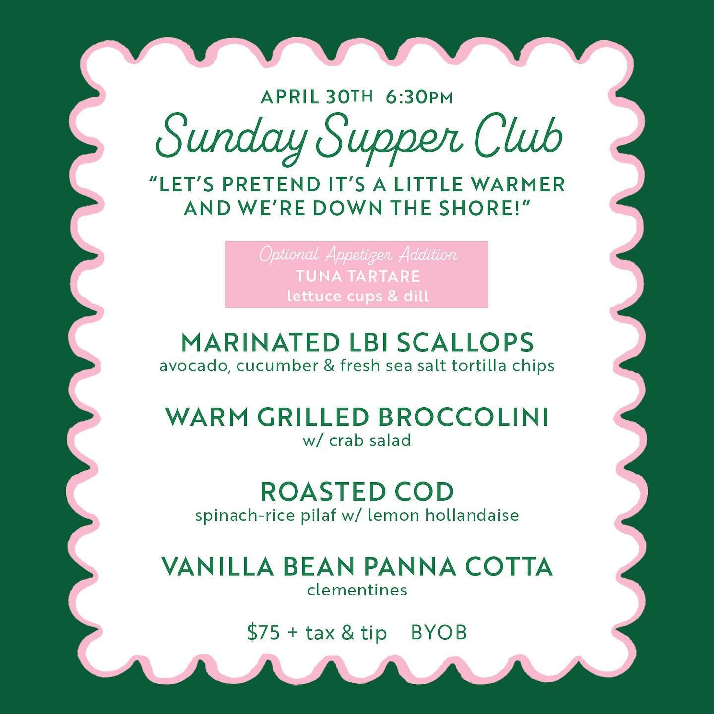 Well everyone, it looks like we&rsquo;re getting to some warmer days! We thought we&rsquo;d hit the fast forward button and have a Jersey Shore inspired seafood party this month for Sunday Supper Club!

Join us on Sunday, April 30th at 6:30pm

Email 