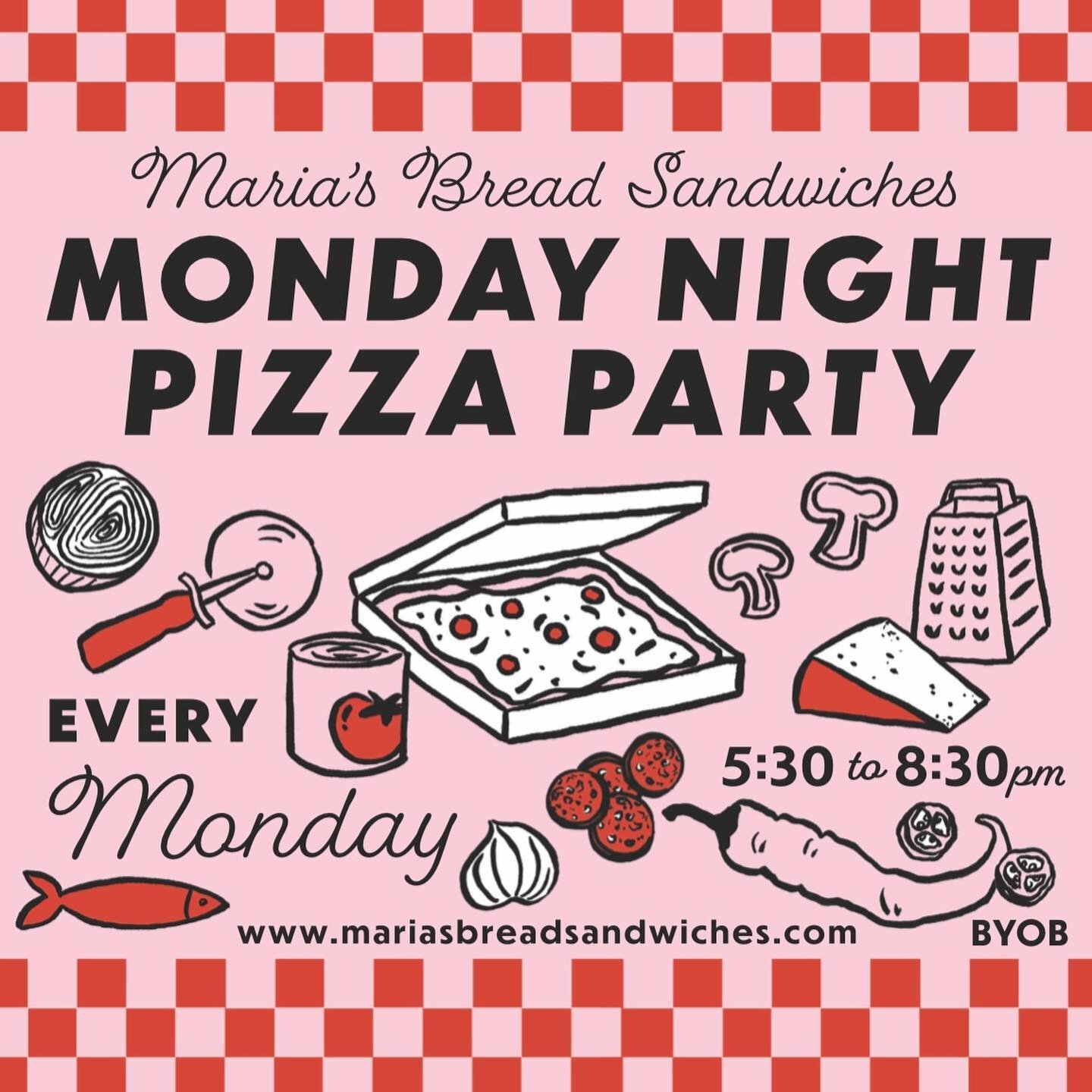 If you don&rsquo;t know, now you know&hellip;Mondays are for pizza parties! 🍕🍻🥳

5:30-8:30pm every Monday!

Grab a table, some slices and your favorite people! You never have to cook on a Monday again! 

#mariasbreadsandwiches #pizza #monday #byob