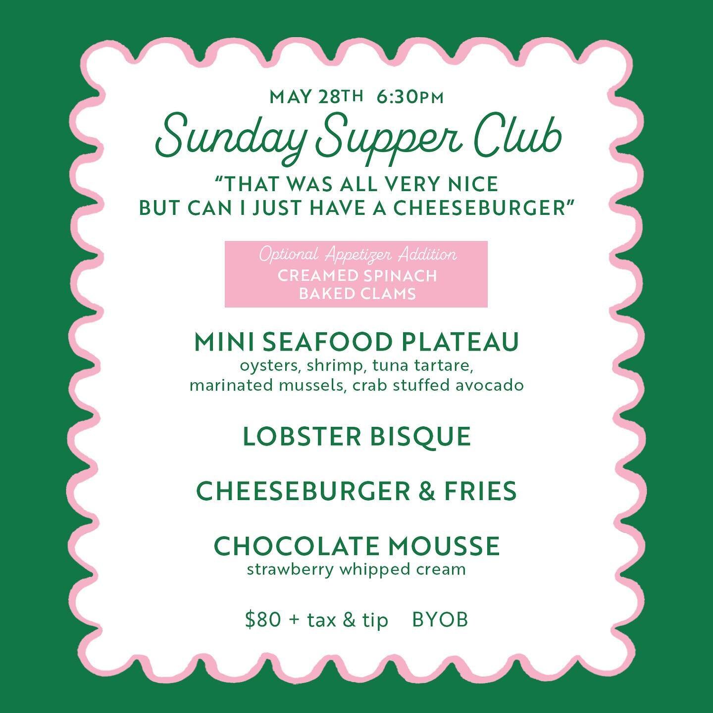 Mark your calendars! This one is going to fill up quick&hellip;

Our next Sunday Supper Club will be on May 28th at 6:30pm. &ldquo;That was all very nice but can I just have a cheeseburger&rdquo; 😳🤣😍

Email charliessupperclub@gmail.com to reserve 