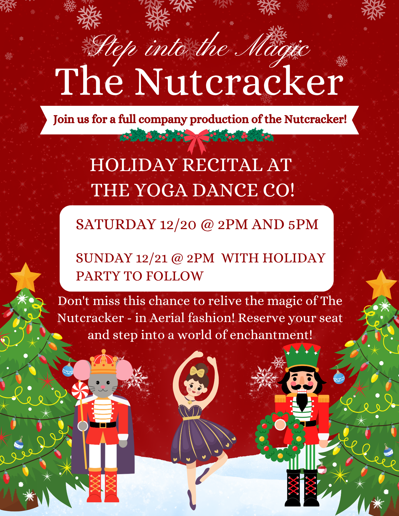 A festive holiday-themed poster advertising a Nutcracker ballet performance at Yoga Dance Co, featuring a red background with snowflakes, decorated Christmas trees, a mouse nutcracker, a ballerina, and a toy soldier nutcracker.