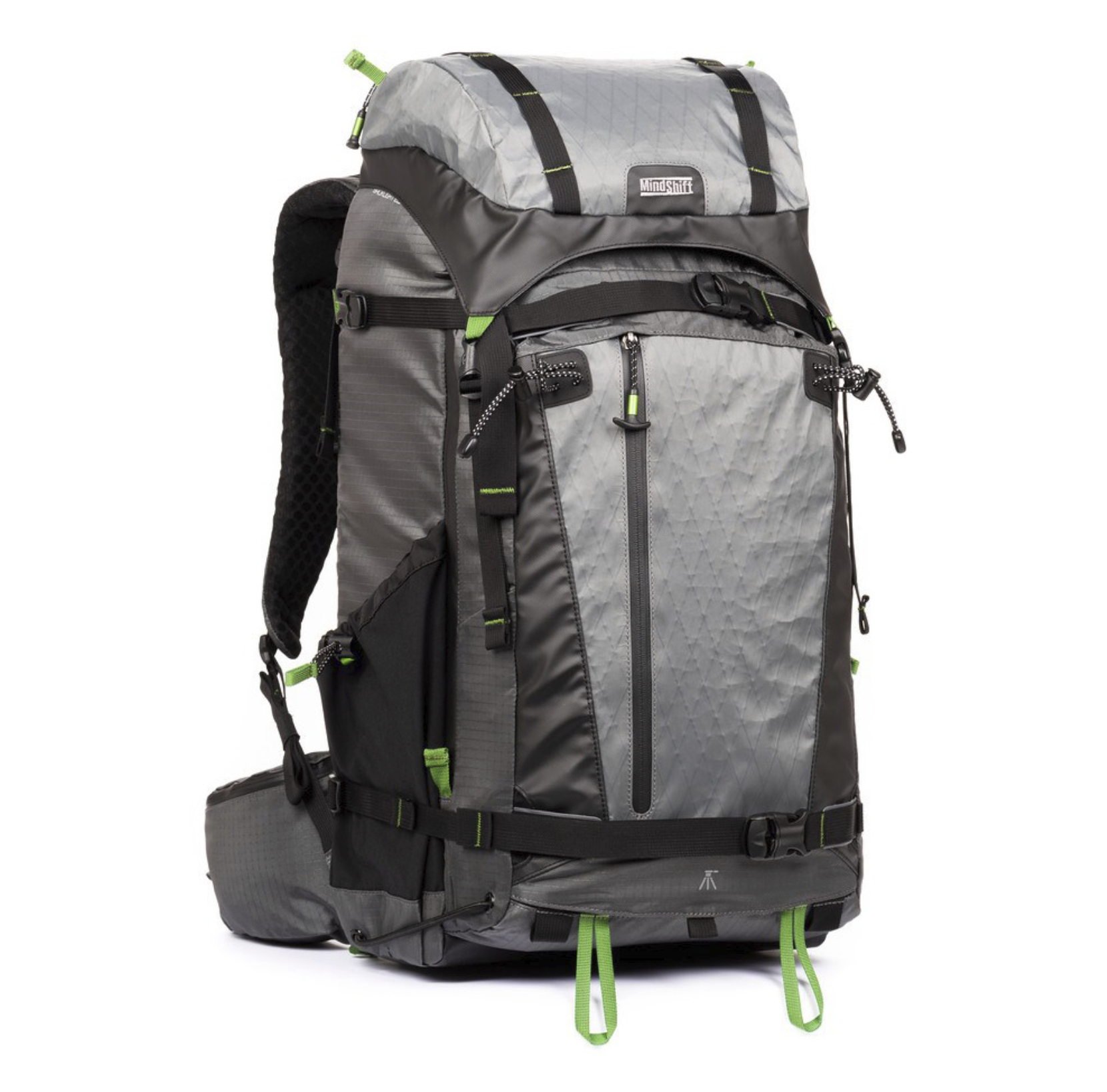 Gray and black hiking backpack with multiple compartments and green accents.