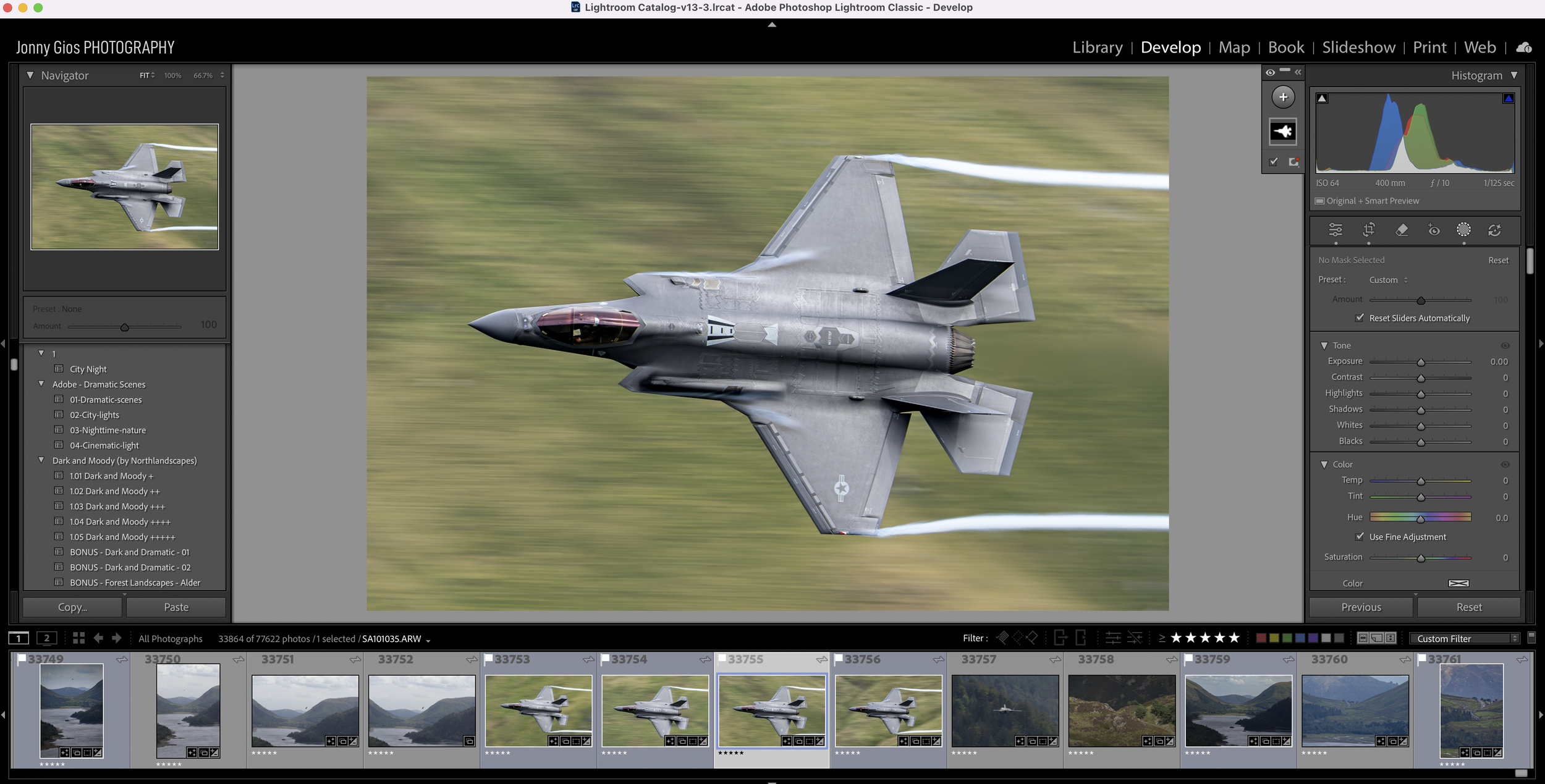 A military fighter jet flying at high speed with motion blur in a photo editing software interface.