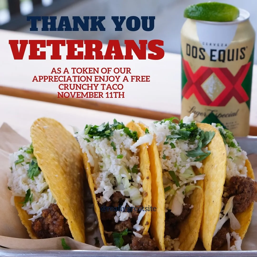 🌮✨ Did you know that Veterans Day is not just a day of remembrance, but also a chance to treat our heroes? This November 11th, we are offering a FREE taco to all veterans! 🎖️❤️ 

Celebrate those who have served by enjoying a delicious taco on the h