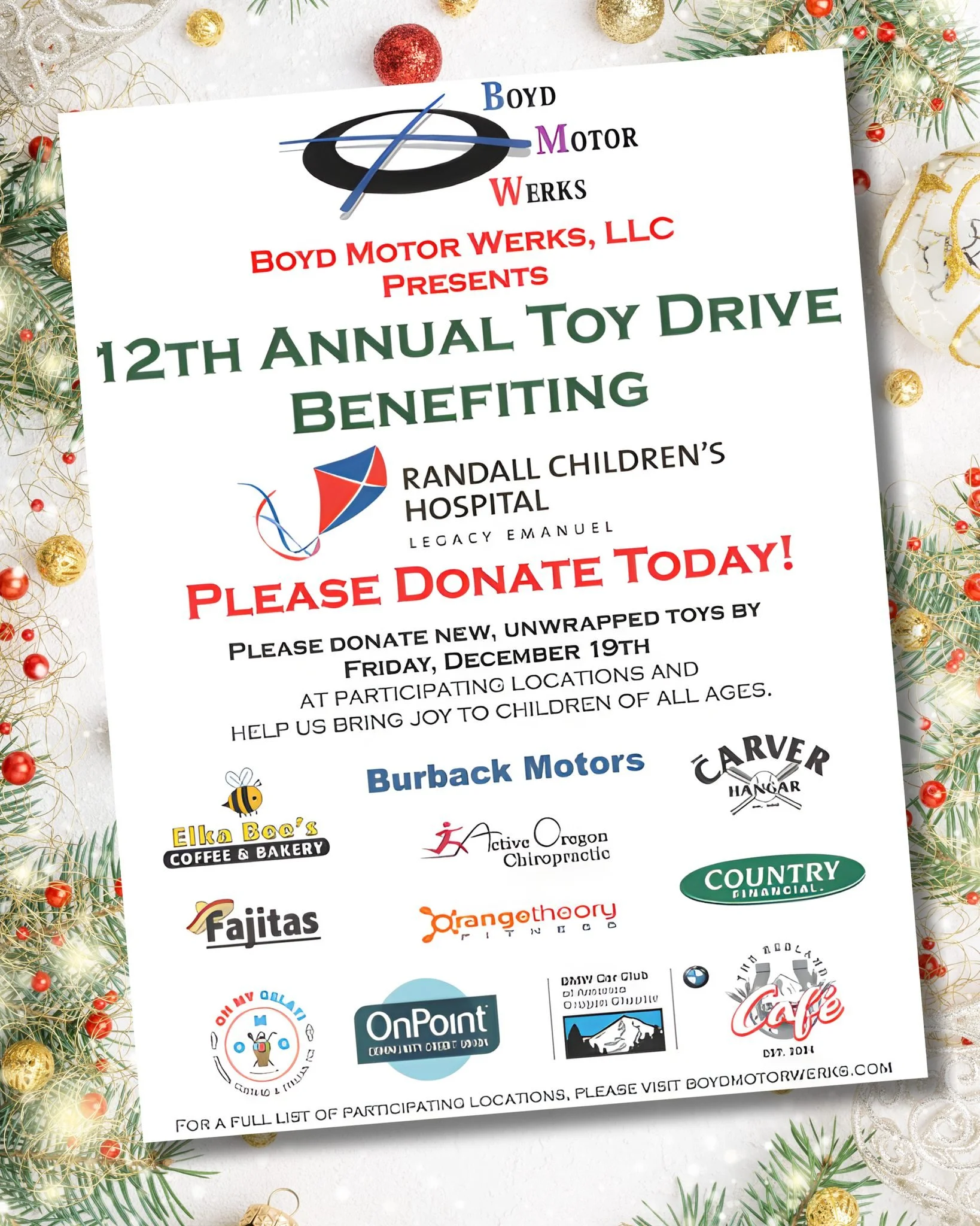 JUST ONE MONTH AWAY! 🧩🎲⚽️

Just a quick reminder that we're a drop off location for new, unwrapped toys. These toys will benefit the children at Randall Children's Hospital! Donate by Friday, December 19th! 🧸🚗

#RandallChildrensHospital #ToyDrive