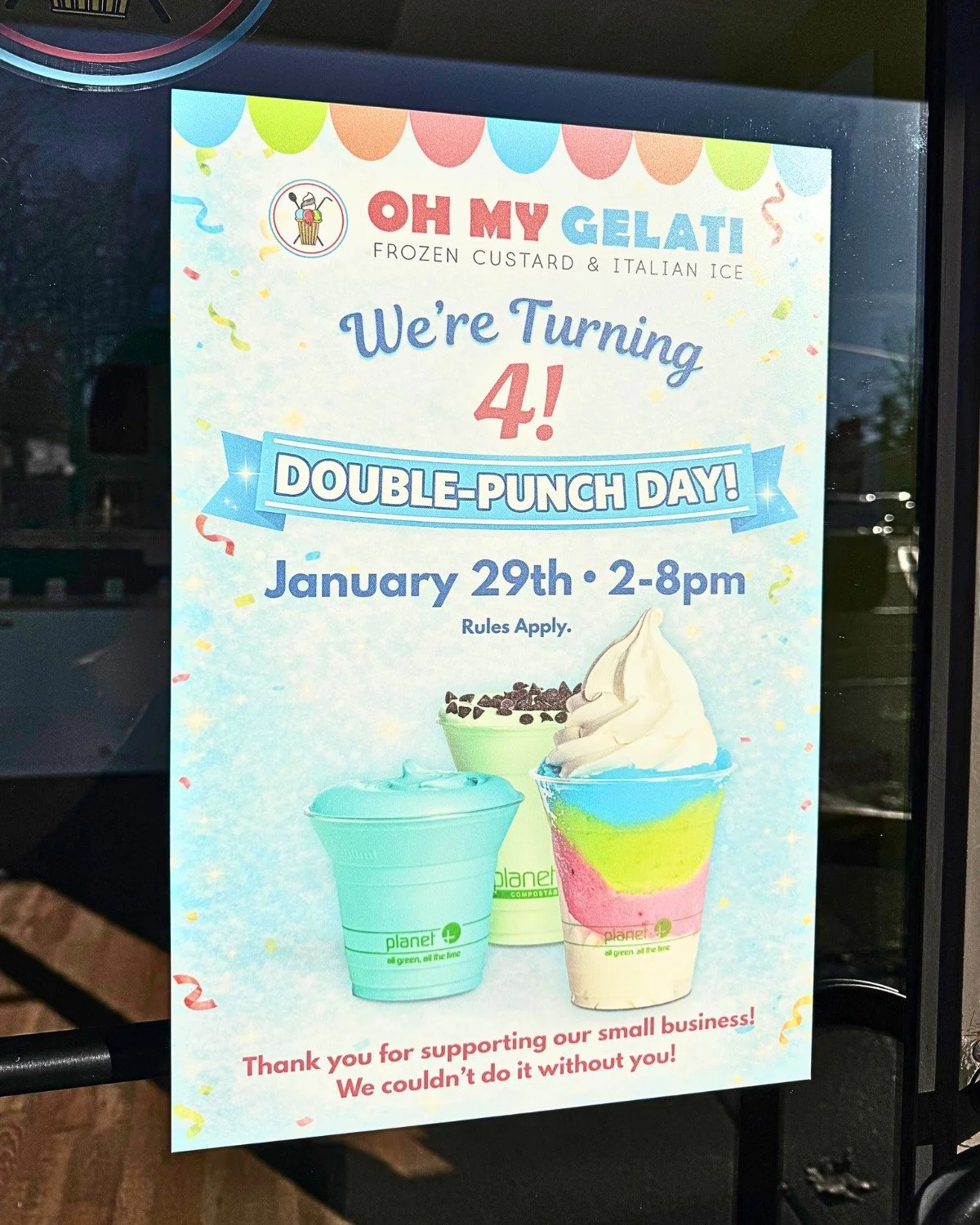 4 years of Oh My Gelati!🎉 We couldn&rsquo;t do it without you! 🍧🍦 Double-Punch Day is January 29th, 2&ndash;8pm! 🕑

#DoublePunchDay #HappyAnniversary #SupportingSmallBusinesses #HappyBirthday #OhMyGelati #OregonCity #OMG #Gelati #FrozenCustard #I