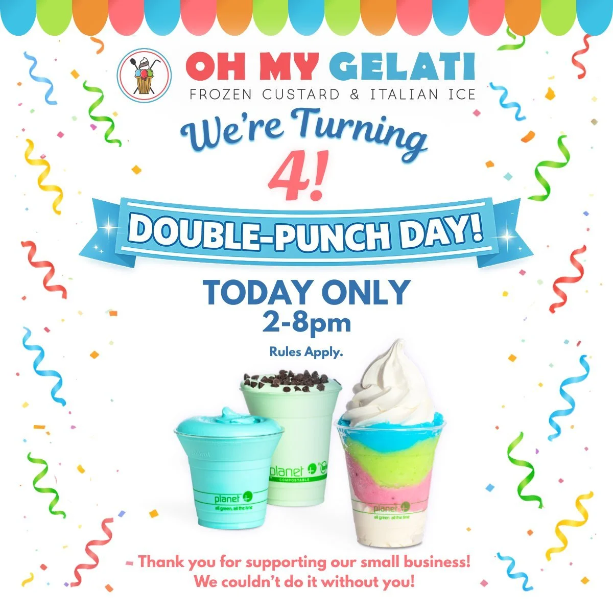 ✨DOUBLE-PUNCH DAY TODAY ONLY!✨
Double punches from 2&ndash;8pm to celebrate 4 years of Oh My Gelati <3 Come treat yourself! 💁&zwj;♀️💁&zwj;♀️🍦🍧 #CustomerAppreciation💖

#DoublePunchDay #HappyAnniversary #SupportingSmallBusinesses #HappyBirthday