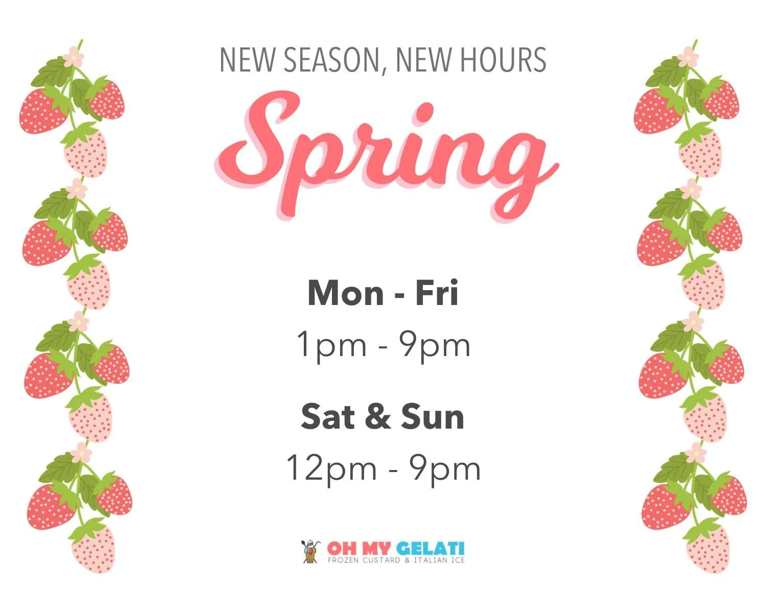 We're changing our hours for the new season today! Spring, here we come! #SeeYouSoon 🌦️🍀🍦

#Spring #Sun #DaylightSavings #NewSeason #BusinessHours #SmallBusiness #OhMyGelati #Gelati #FrozenCustard #ItalianIce