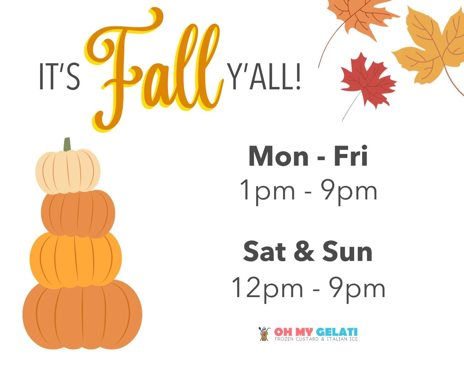 Back to school means fall hours are here! 🍂📚 New hours start this week. See you soon! 🍦

#OhMyGelati #OregonCity #FrozenCustard #ItalianIce #FallHours