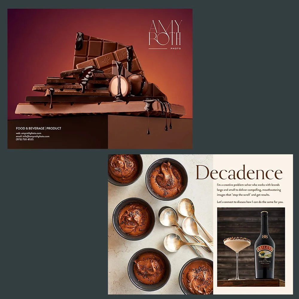Marketing mailers for Amy Roth Photo, food, drinks and product photographer in NJ.