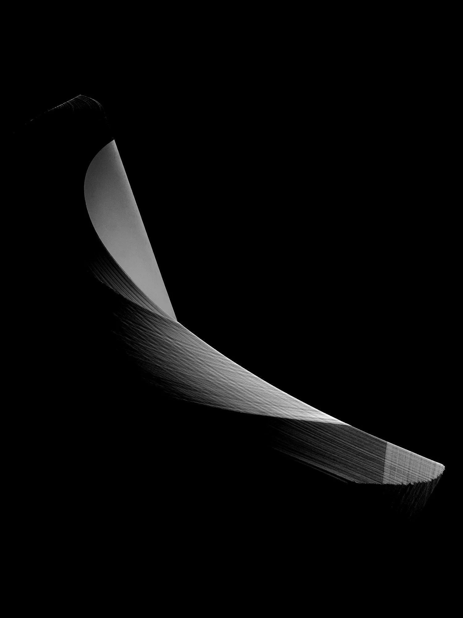 Layers of curved white paper on a black background create an abstract image that seems to float on the page in this personal project image from Amy Roth.