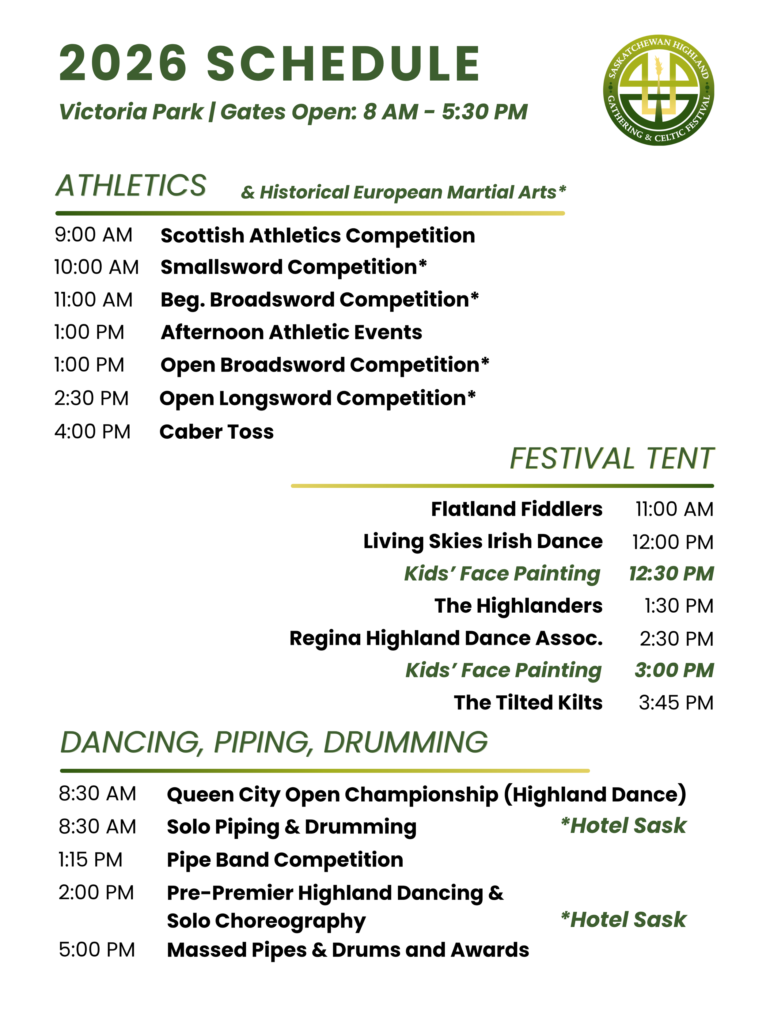 Schedule image for a Celtic festival, listing events with times, including athletic competitions, dance, and drumming, and a separate dancing and awards segment.