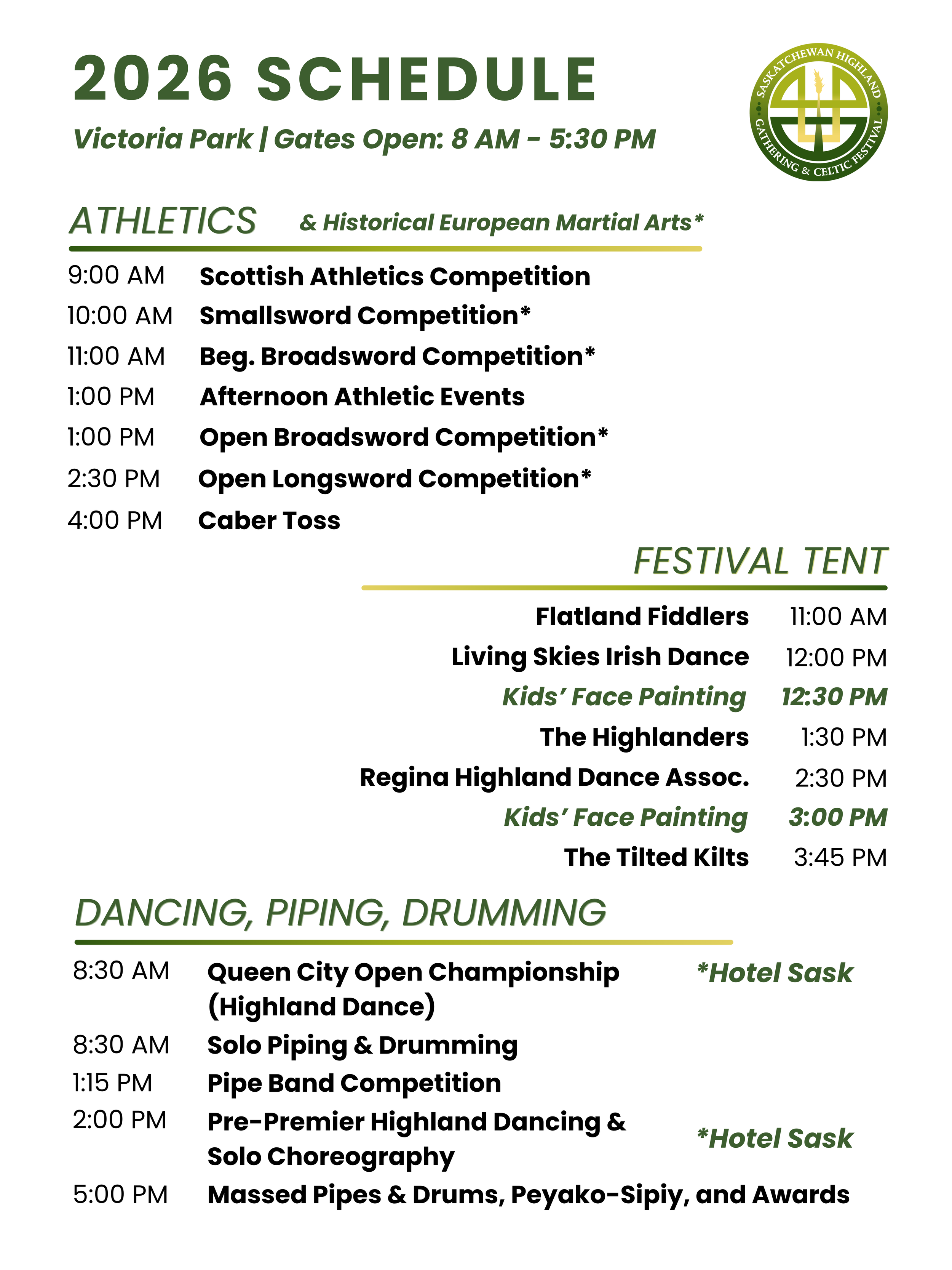 2026 festival schedule at Victoria Park with event times and activities including athletics competitions, festival tent activities, Highland dance performances, pipe band competition, and Highland dancing and pipe band awards.