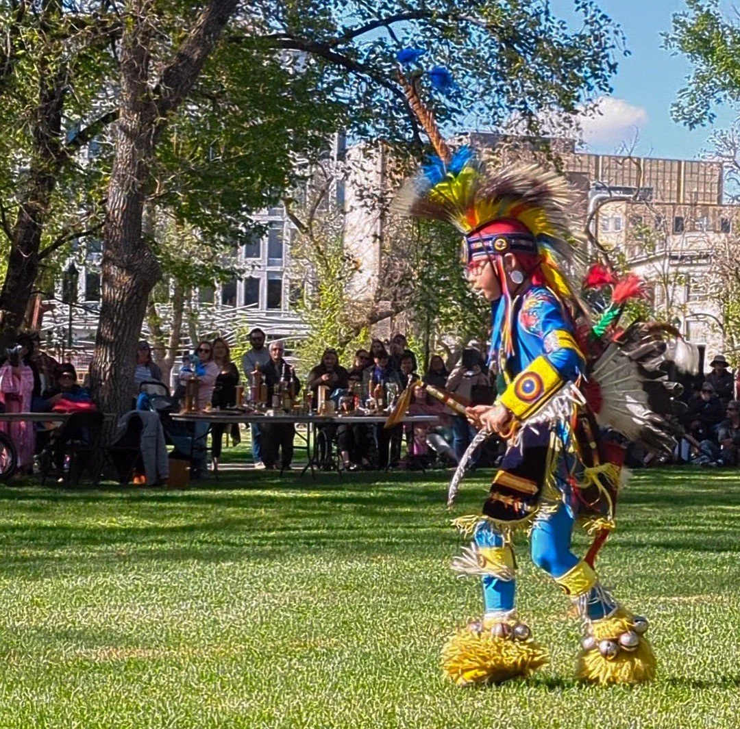 A person in colorful indigenous costume performing a cultural dance outdoors, with a group of onlookers seated under trees in the background.