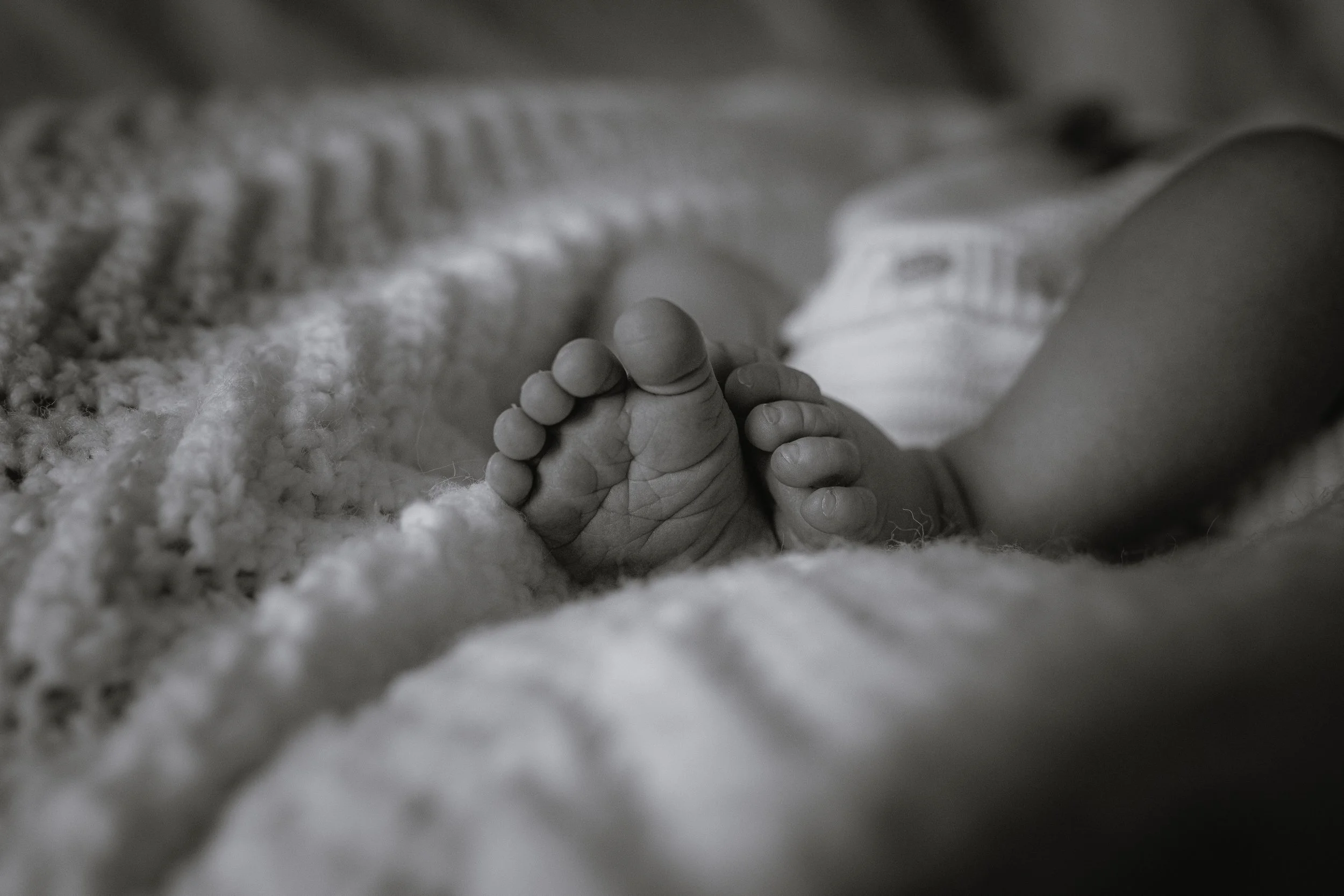 Close-up of a baby's tiny feet, resting on a soft, textured blanket.