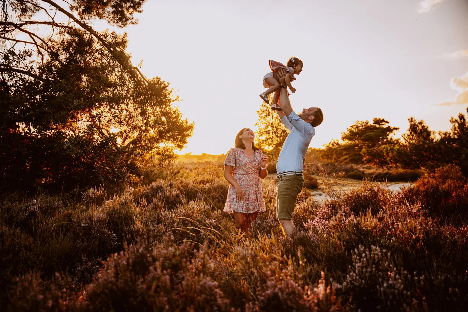 Vader tilt zijn dochtertje hoog op de Kalmthoutse Heide bij zonsondergang, mama kijkt lachend toe
