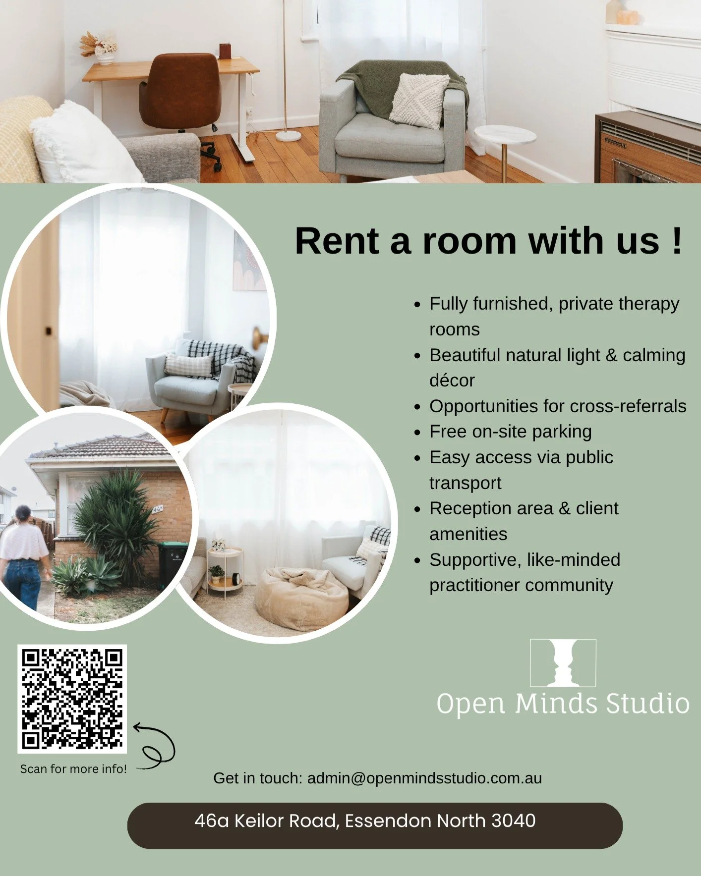 Private, secure and calming rooms designed with mental health professionals in mind, now available to rent. 

Please get in touch to arrange a tour! ☀