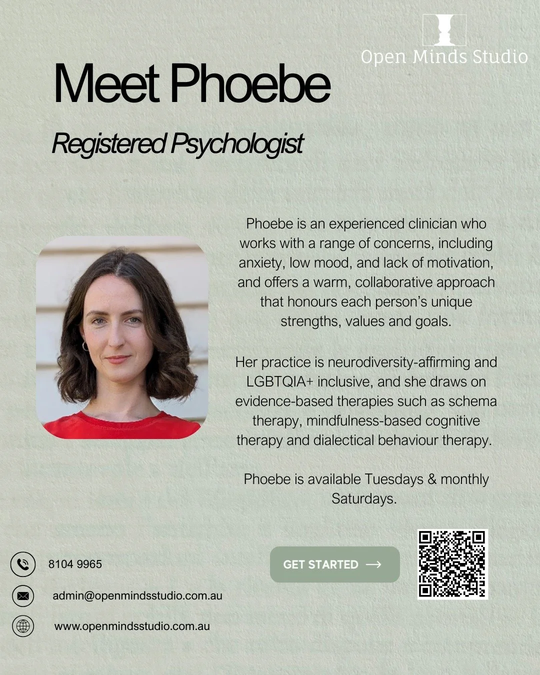 A warm welcome to Phoebe, we&rsquo;re so excited to have you join our team. 🌿

Phoebe is a registered psychologist and Clinical Registrar, now accepting new referrals!