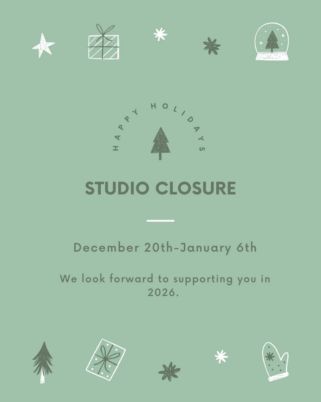 We will be closed for the Christmas period from December 20th, 2025. 
We&rsquo;ll reopen and resume appointments on January 6th, 2026. 

Please note that our clinicians will be returning on different dates, so availability may vary as we ease back in